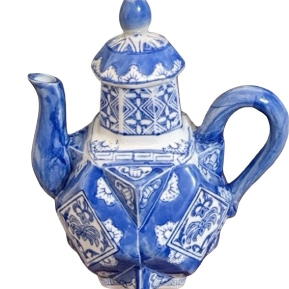 Vintage Blue White Chinoiserie Teapot Hexagon Porcelain Ginger Jar Style Decor‎